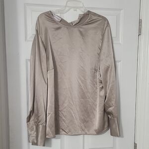 Rena Rowan Satin Long Sleeve Blouse in Light Taupe